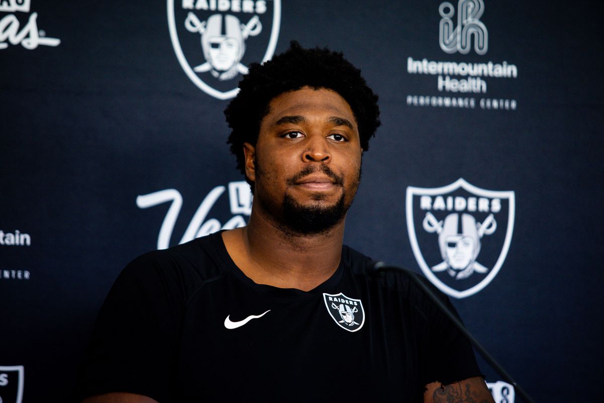 Las Vegas Raiders offensive tackle Charles Grant (60) speaks to the media after Raiders Training Camp at Intermountain Health Performance Center, Monday August 17, 2026 in Henderson, Nev.