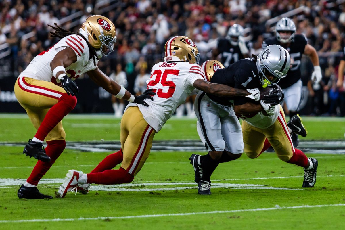 Las Vegas Raiders wide receiver Tre Tucker (1) is tackled during a NFL preseason game between the Las Vegas Raiders and the San Francisco 49ers at Allegiant Stadium, Thursday August 27, 2026 in Las Vegas, Nev. Las Vegas Raiders wide receiver Tre Tucker (1) is tackled during a NFL preseason game between the Las Vegas Raiders and the San Francisco 49ers at Allegiant Stadium, Thursday August 27, 2026 in Las Vegas, Nev.