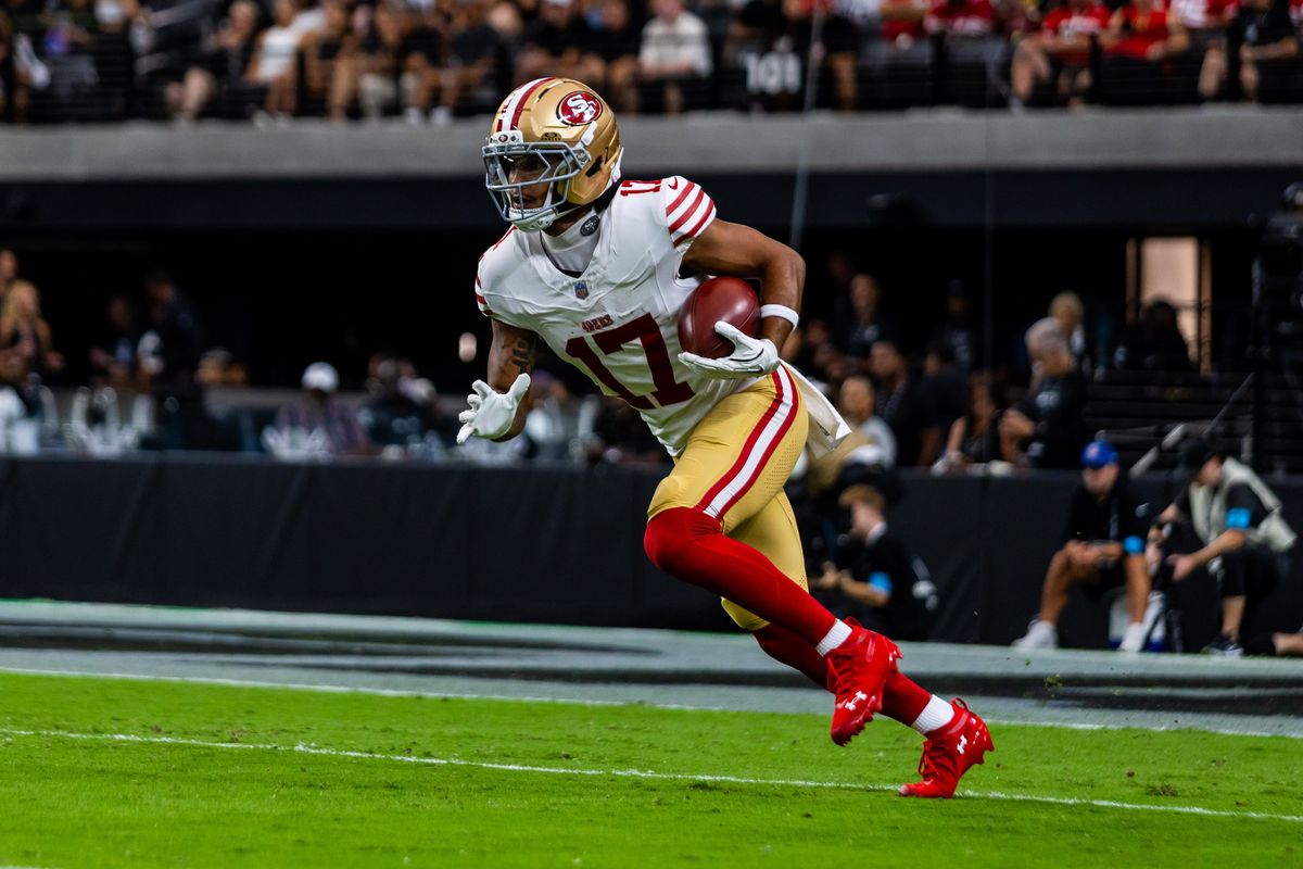 San Francisco 49ers wide receiver Jordan Watkins (17) returns a kick-off during a NFL preseason game between the Las Vegas Raiders and the San Francisco 49ers at Allegiant Stadium, Thursday August 27, 2026 in Las Vegas, Nev. San Francisco 49ers wide receiver Jordan Watkins (17) returns a kick-off during a NFL preseason game between the Las Vegas Raiders and the San Francisco 49ers at Allegiant Stadium, Thursday August 27, 2026 in Las Vegas, Nev.