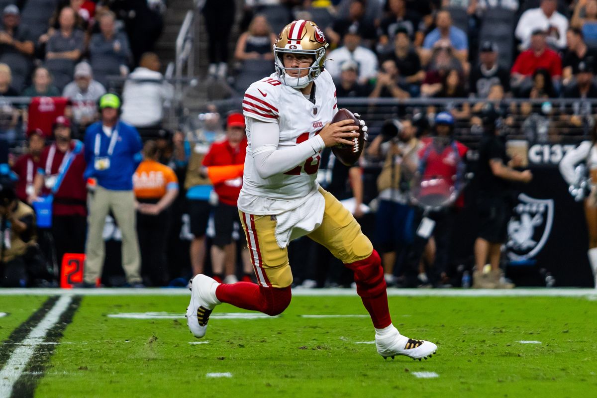 San Francisco 49ers quarterback Mac Jones (10) rolls out of the pocket during a NFL preseason game between the Las Vegas Raiders and the San Francisco 49ers at Allegiant Stadium, Thursday August 27, 2026 in Las Vegas, Nev. San Francisco 49ers quarterback Mac Jones (10) rolls out of the pocket during a NFL preseason game between the Las Vegas Raiders and the San Francisco 49ers at Allegiant Stadium, Thursday August 27, 2026 in Las Vegas, Nev.