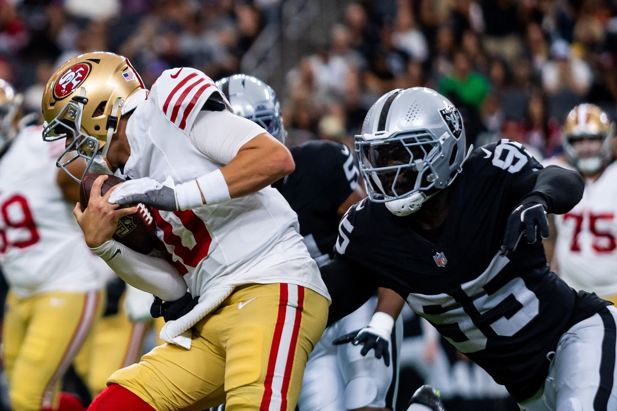 Las Vegas Raiders defensive end Kwity Paye (95) sacks San Francisco 49ers quarterback Mac Jones (10) during a NFL preseason game between the Las Vegas Raiders and the San Francisco 49ers at Allegiant Stadium, Thursday August 27, 2026 in Las Vegas, Nev. Las Vegas Raiders defensive end Kwity Paye (95) sacks San Francisco 49ers quarterback Mac Jones (10) during a NFL preseason game between the Las Vegas Raiders and the San Francisco 49ers at Allegiant Stadium, Thursday August 27, 2026 in Las Vegas, Nev.