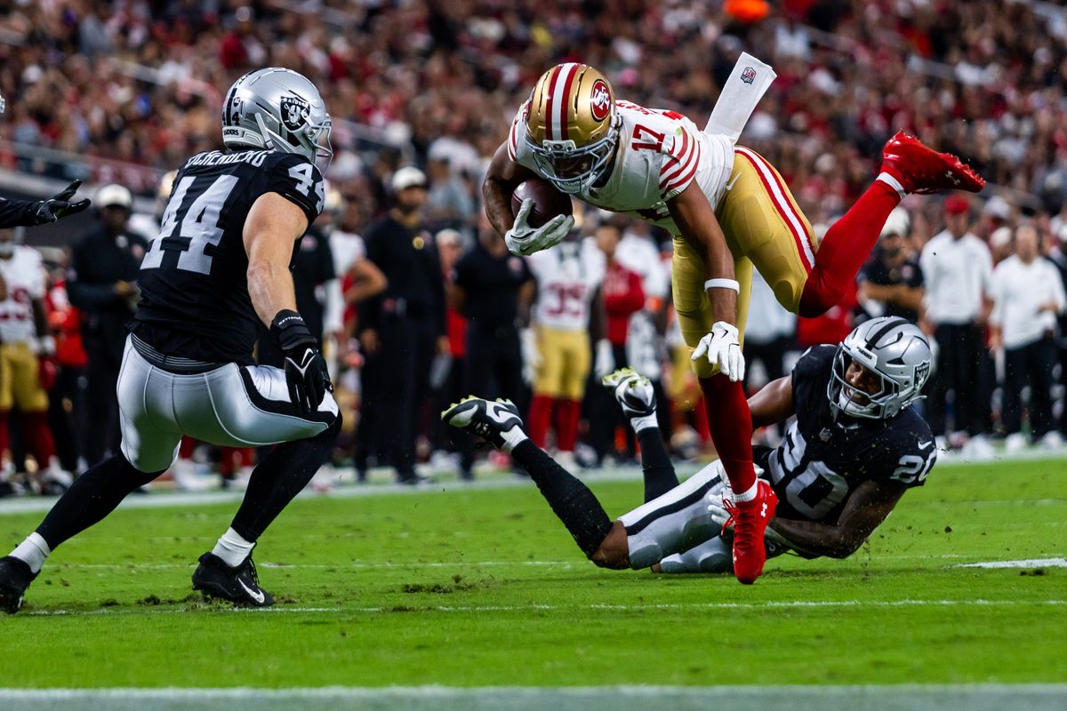 San Francisco wide receiver Jordan Watkins (17) is tripped by Las Vegas Raiders safety Isiah Pola-Mao (20) during a NFL preseason game between the Las Vegas Raiders and the San Francisco 49ers at Allegiant Stadium, Thursday August 27, 2026 in Las Vegas, Nev. San Francisco wide receiver Jordan Watkins (17) is tripped by Las Vegas Raiders safety Isiah Pola-Mao (20) during a NFL preseason game between the Las Vegas Raiders and the San Francisco 49ers at Allegiant Stadium, Thursday August 27, 2026 in Las Vegas, Nev.