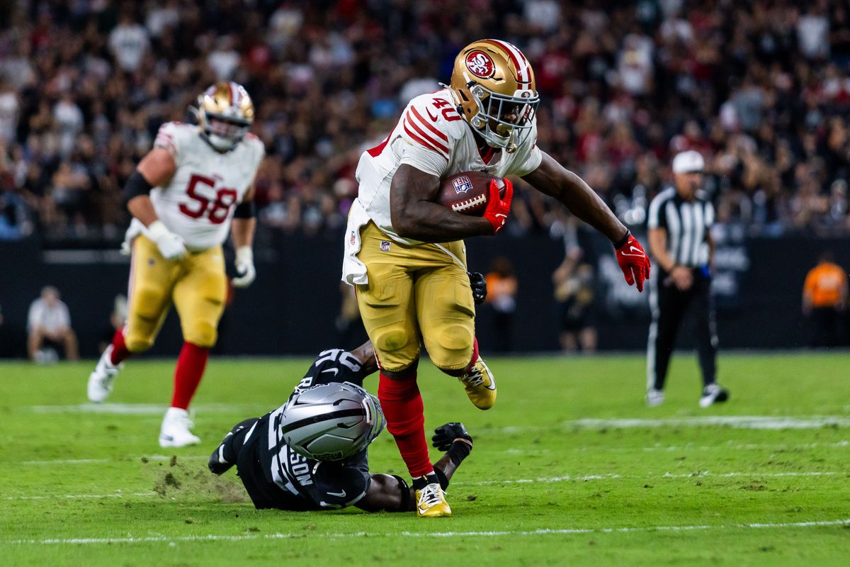 San Francisco 49ers running back Khalil Herbert (40) breaks off a tackle during a NFL preseason game between the Las Vegas Raiders and the San Francisco 49ers at Allegiant Stadium, Thursday August 27, 2026 in Las Vegas, Nev. San Francisco 49ers running back Khalil Herbert (40) breaks off a tackle during a NFL preseason game between the Las Vegas Raiders and the San Francisco 49ers at Allegiant Stadium, Thursday August 27, 2026 in Las Vegas, Nev.