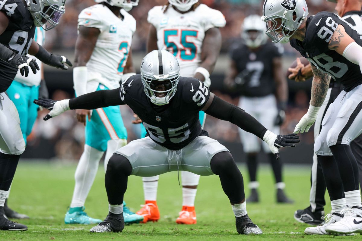 Las Vegas Raiders defensive end Kwity Paye (95) celebrates after a tackle for a los during a NFL regular season game between the Las Vegas Raiders and Miami Dolphins at Allegiant Stadium, Sunday September 13, 2026 in Las Vegas, NV. Las Vegas Raiders defensive end Kwity Paye (95) celebrates after a tackle for a los during a NFL regular season game between the Las Vegas Raiders and Miami Dolphins at Allegiant Stadium, Sunday September 13, 2026 in Las Vegas, NV.