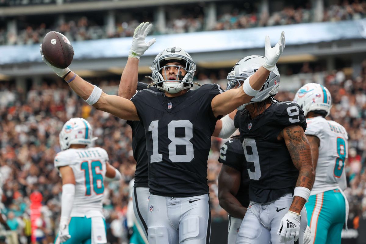 Las Vegas Raiders wide receiver Jack Bech (18) celebrates after scoring a touchdown during a NFL regular season game between the Las Vegas Raiders and Miami Dolphins at Allegiant Stadium, Sunday September 13, 2026 in Las Vegas, NV. Las Vegas Raiders wide receiver Jack Bech (18) celebrates after scoring a touchdown during a NFL regular season game between the Las Vegas Raiders and Miami Dolphins at Allegiant Stadium, Sunday September 13, 2026 in Las Vegas, NV.