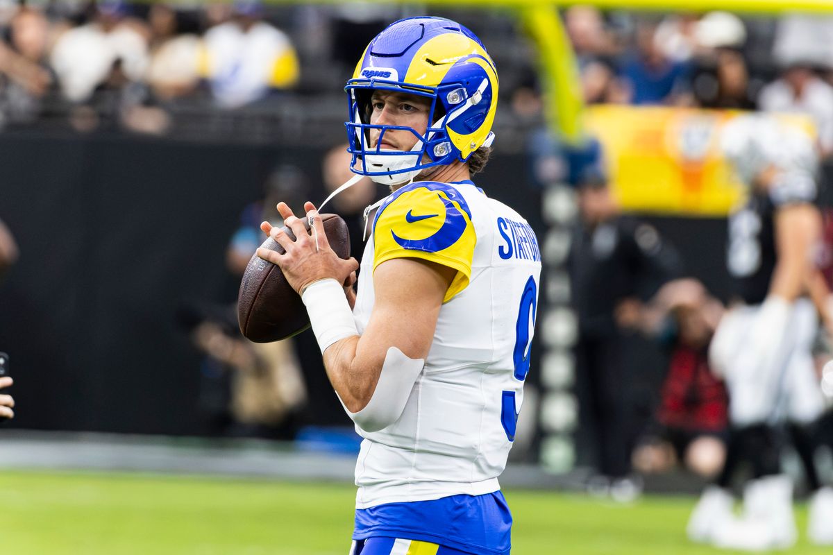 Los Angeles Rams QB Matthew Stafford (9) warms up prior to the game against the Las Vegas Raiders on Sunday, October 25, 2026, at Allegiant Stadium in Las Vegas, Nevada.