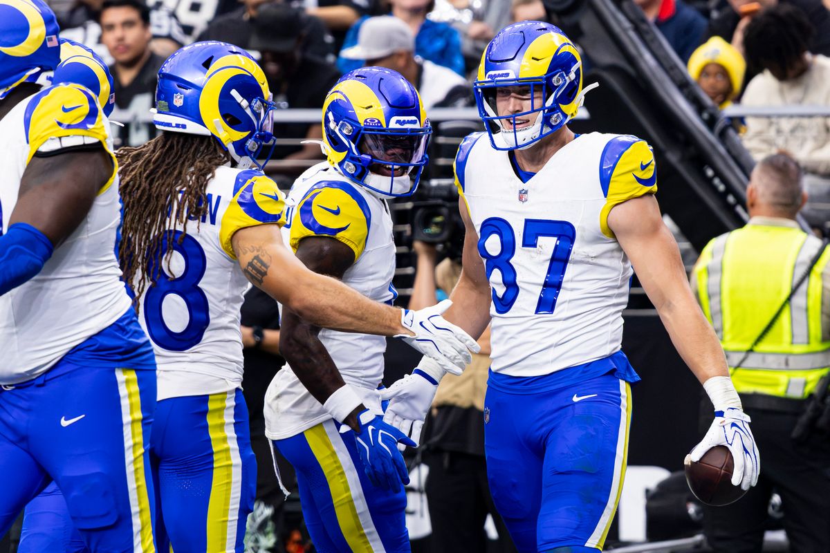 Los Angeles Rams TE Davis Allen (87) celebrates with teammates after his second touchdown in the second quarter of the game against the Las Vegas Raiders on Sunday, October 25, 2026, at Allegiant Stadium in Las Vegas, Nevada.