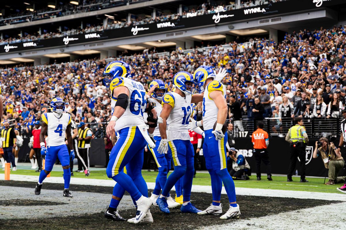 Los Angeles Rams TE Davis Allen (87) and teammate WR Puka Nacua (12) celebrate after a touchdown by Allen in the first quarter of the game against the Las Vegas Raiders on Sunday, October 25, 2026, at Allegiant Stadium in Las Vegas, Nevada.