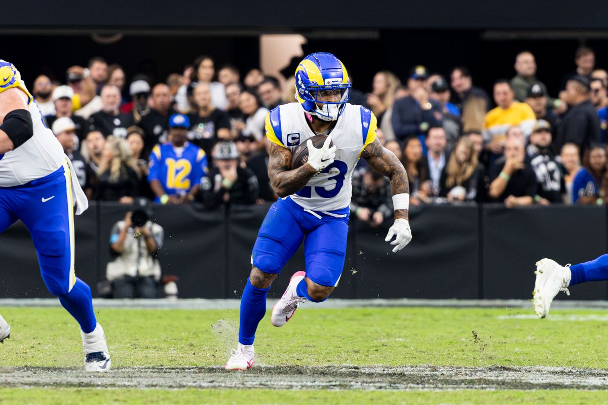 Los Angeles Rams RB Kyren Williams (23) rushes with the ball in the fourth quarter of the game against the Las Vegas Raiders on Sunday, October 25, 2026, at Allegiant Stadium in Las Vegas, Nevada.
