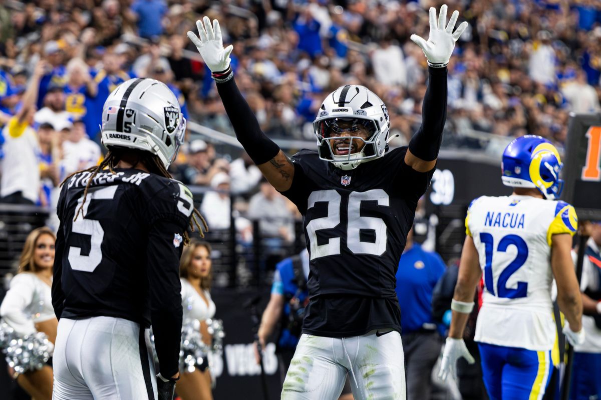 Las Vegas Raiders CB Darien Porter (26) reacts after a pass deflection in the fourth quarter of the game against the Los Angeles Rams on Sunday, October 25, 2026, at Allegiant Stadium in Las Vegas, Nevada.