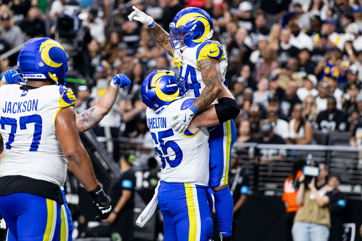 Los Angeles Rams RB Blake Corum (24) celebrates his touchdown in the fourth quarter of the game against the Las Vegas Raiders on Sunday, October 25, 2026, at Allegiant Stadium in Las Vegas, Nevada.