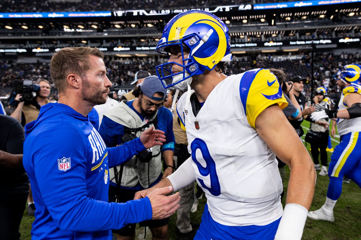 Los Angeles Rams QB Matthew Stafford (9) celebrates with head coach Sean McVay after defeating the Las Vegas Raiders on Sunday, October 25, 2026, at Allegiant Stadium in Las Vegas, Nevada.