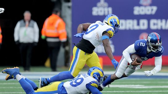 Dec 31, 2023; East Rutherford, New Jersey, USA; New York Giants quarterback Tyrod Taylor (2) is sacked by Los Angeles Rams defensive tackle Aaron Donald (99) and linebacker Byron Young (0) during the third quarter at MetLife Stadium. Mandatory Credit: Brad Penner-USA TODAY Sports Dec 31, 2023; East Rutherford, New Jersey, USA; New York Giants quarterback Tyrod Taylor (2) is sacked by Los Angeles Rams defensive tackle Aaron Donald (99) and linebacker Byron Young (0) during the third quarter at MetLife Stadium. Mandatory Credit: Brad Penner-USA TODAY Sports