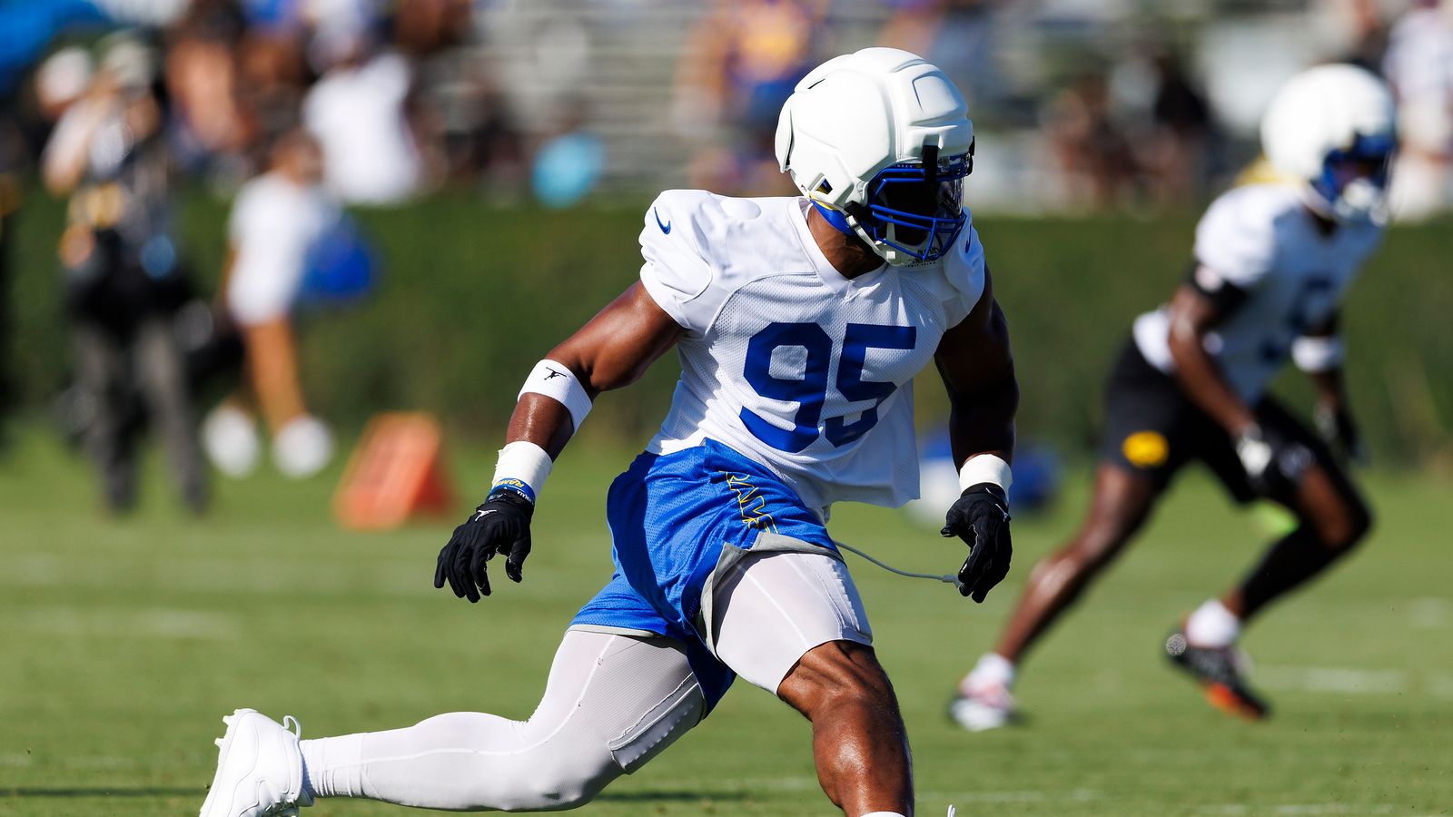 Myles Garrett #95 of the Los Angeles Rams rushes the edge during training camp at Loyola Marymount University on July 26, 2026 in Los Angeles, California. Myles Garrett #95 of the Los Angeles Rams rushes the edge during training camp at Loyola Marymount University on July 26, 2026 in Los Angeles, California.