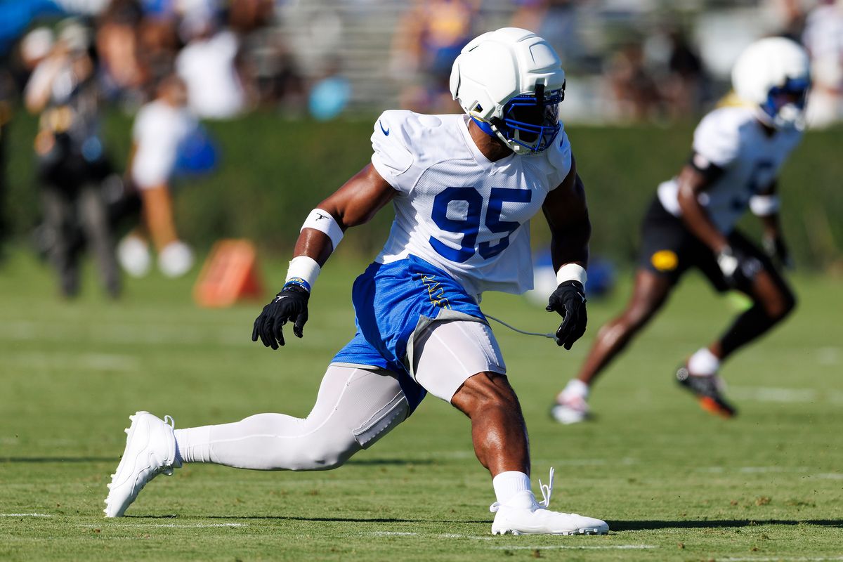 Myles Garrett #95 of the Los Angeles Rams rushes the edge during training camp at Loyola Marymount University on July 26, 2026 in Los Angeles, California.