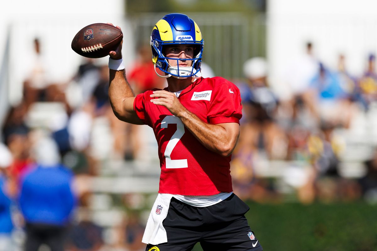 Matthew Caldwell #2 of the Los Angeles Rams throws during training camp at Loyola Marymount University on July 26, 2026 in Los Angeles, California.