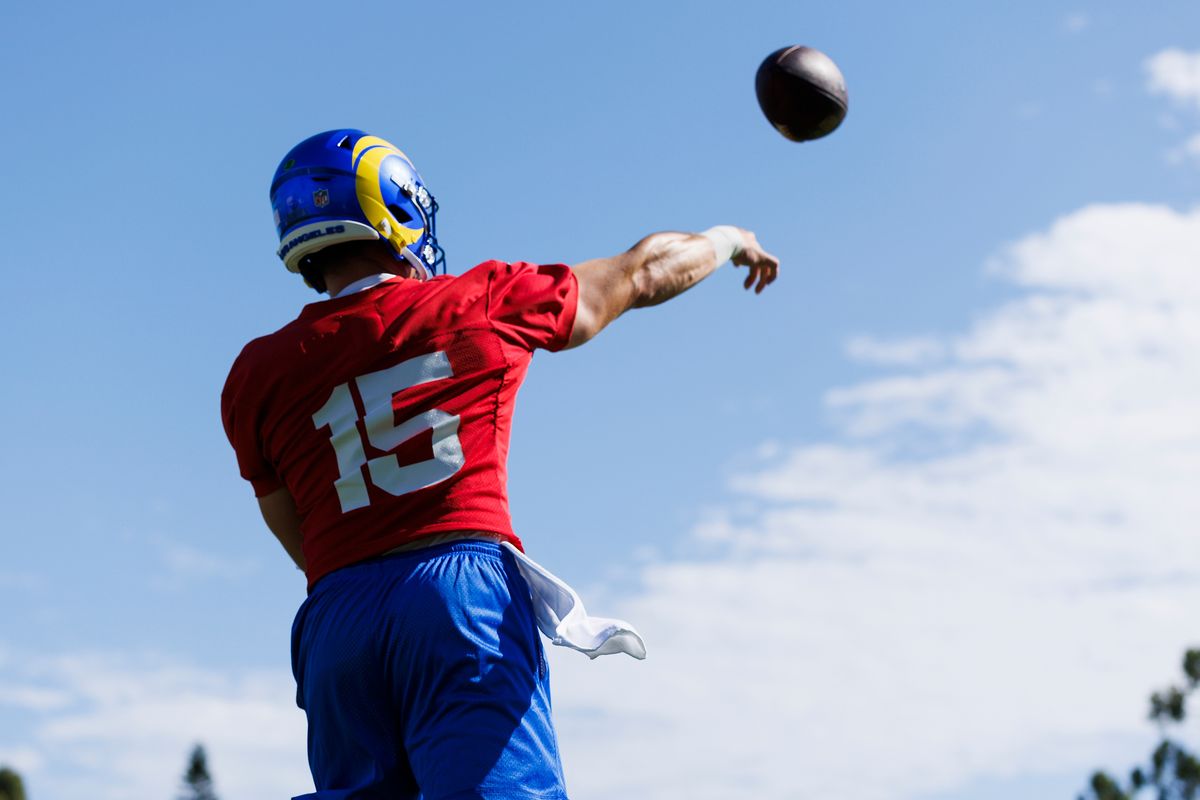 Ty Simpson #15 of the Los Angeles Rams throws during training camp at Loyola Marymount University on July 26, 2026 in Los Angeles, California.