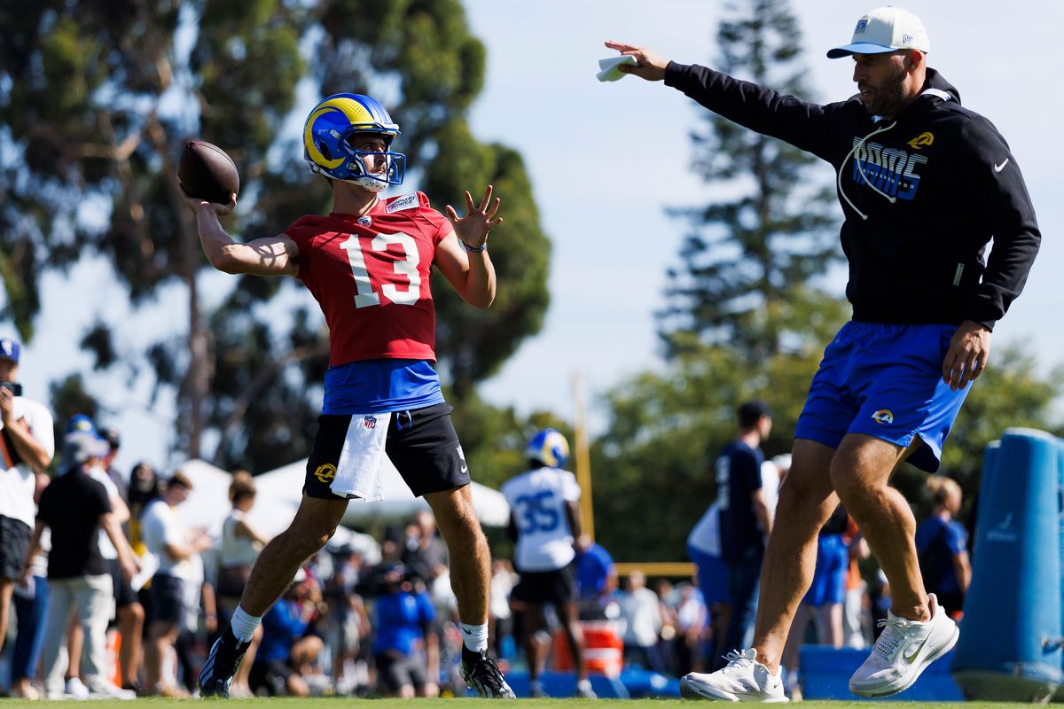 Stetson Bennett IV #13 of the Los Angeles Rams throws during training camp at Loyola Marymount University on July 26, 2026 in Los Angeles, California. 