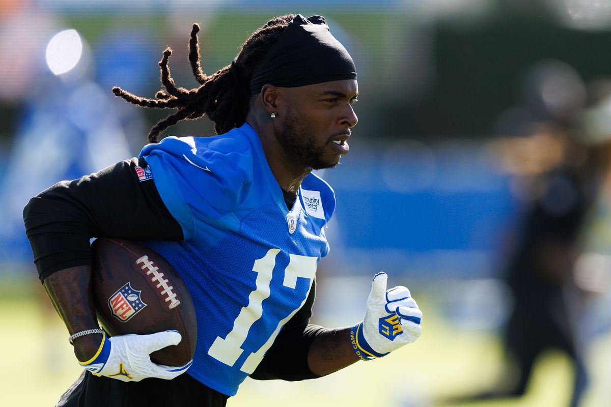 Davante Adams #17 of the Los Angeles Rams runs after the catch during training camp at Loyola Marymount University on July 26, 2026 in Los Angeles, California. 