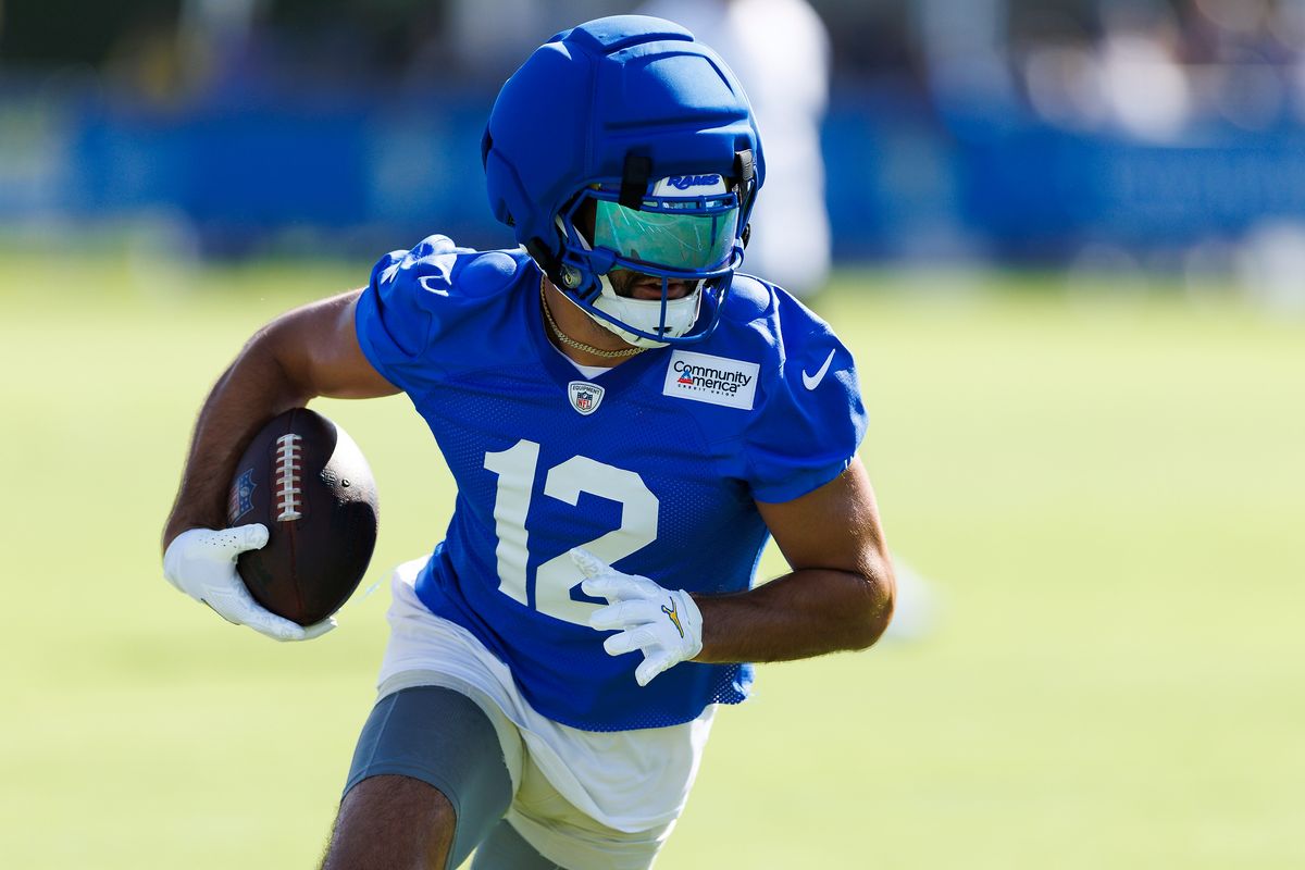 Puka Nacua #12 of the Los Angeles Rams runs after the catch during training camp at Loyola Marymount University on July 26, 2026 in Los Angeles, California.