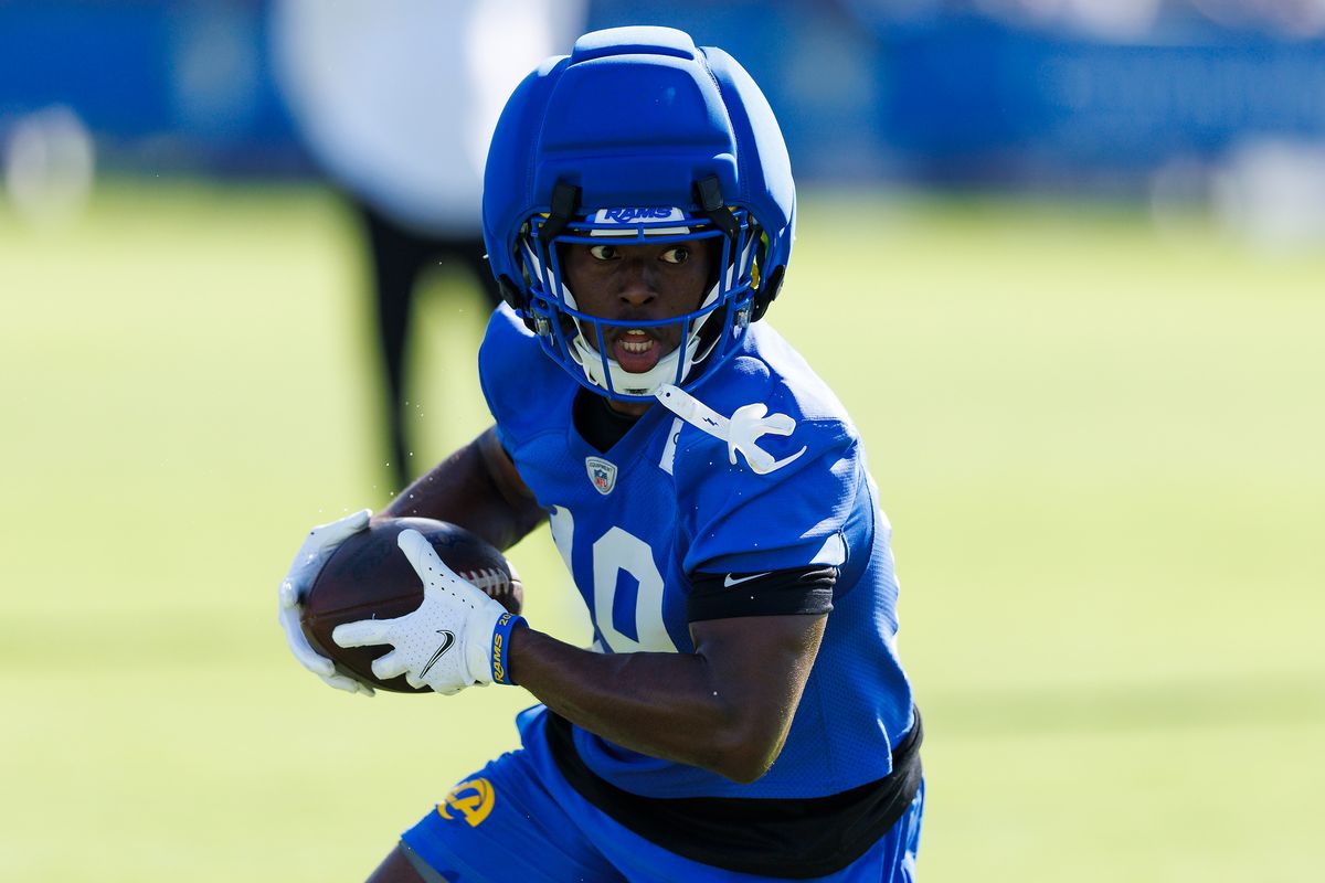 Xavier Smith #19 of the Los Angeles Rams runs after the catch during training camp at Loyola Marymount University on July 26, 2026 in Los Angeles, California.