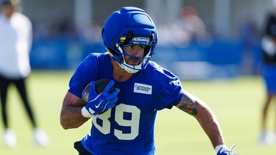 Tyler Higbee #89 of the Los Angeles Rams runs after the catch during training camp at Loyola Marymount University on July 26, 2026 in Los Angeles, California. Tyler Higbee #89 of the Los Angeles Rams runs after the catch during training camp at Loyola Marymount University on July 26, 2026 in Los Angeles, California.