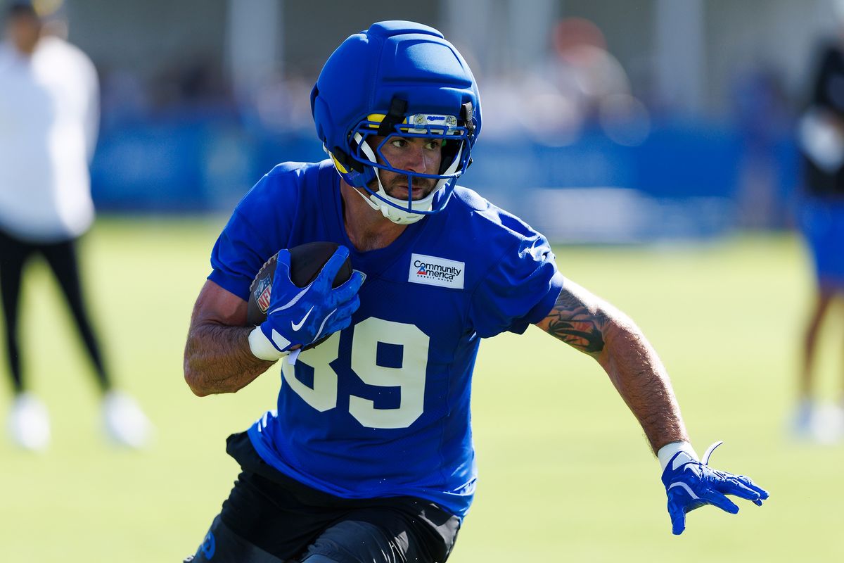 Tyler Higbee #89 of the Los Angeles Rams runs after the catch during training camp at Loyola Marymount University on July 26, 2026 in Los Angeles, California. 