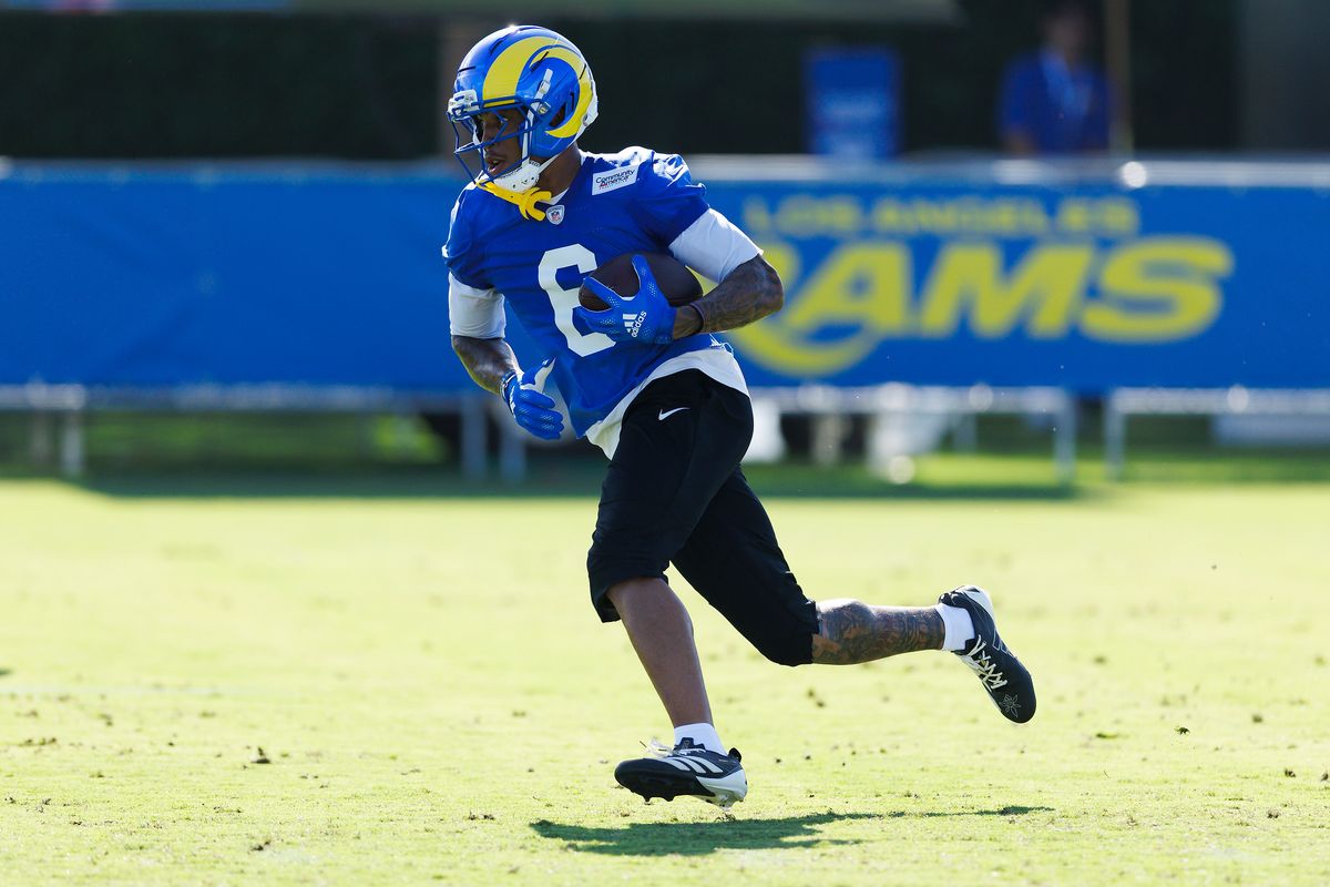 CJ Daniels #6 of the Los Angeles Rams runs after the catch during training camp at Loyola Marymount University on July 26, 2026 in Los Angeles, California. 