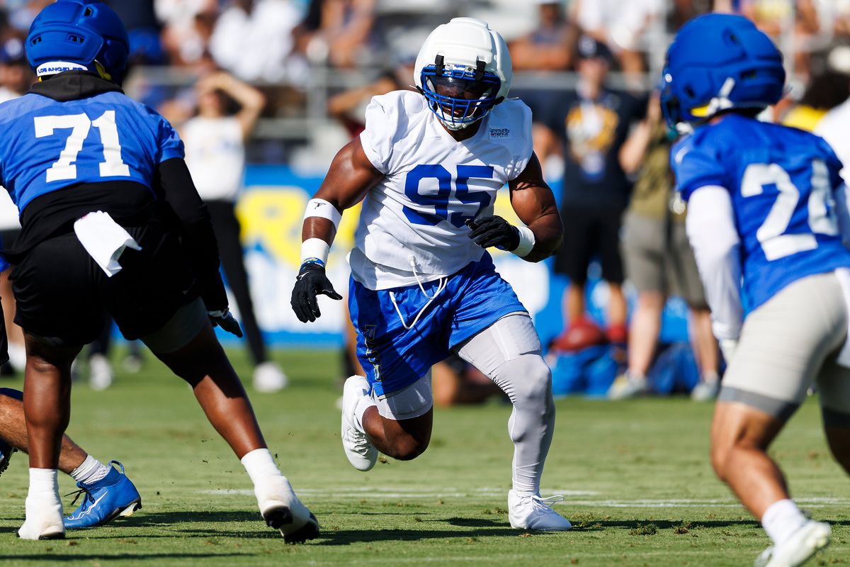 Myles Garrett #95 of the Los Angeles Rams rushes the edge during training camp at Loyola Marymount University on July 26, 2026 in Los Angeles, California. 
