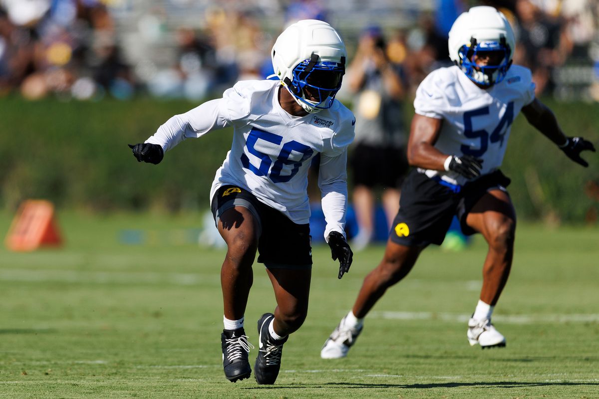 Elias Neal #58 of the Los Angeles Rams defends in coverage during training camp at Loyola Marymount University on July 26, 2026 in Los Angeles, California. 