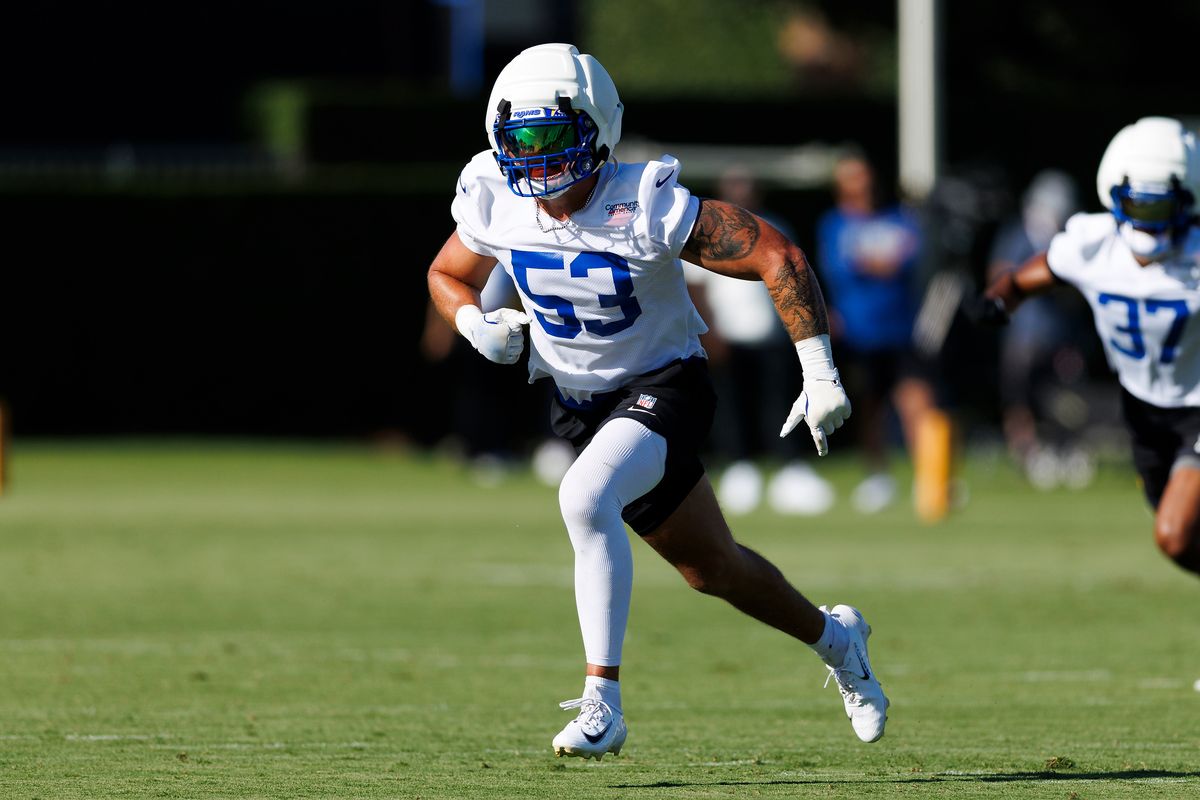 Nate Landman #53 of the Los Angeles Rams defends during training camp at Loyola Marymount University on July 26, 2026 in Los Angeles, California. 
