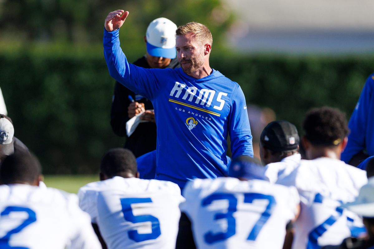 Sean McVay of the Los Angeles Rams talks to the team during training camp at Loyola Marymount University on July 26, 2026 in Los Angeles, California. 