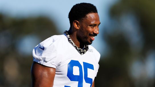 Myles Garrett #95 of the Los Angeles Rams smiles during training camp at Loyola Marymount University on July 26, 2026 in Los Angeles, California. Myles Garrett #95 of the Los Angeles Rams smiles during training camp at Loyola Marymount University on July 26, 2026 in Los Angeles, California.