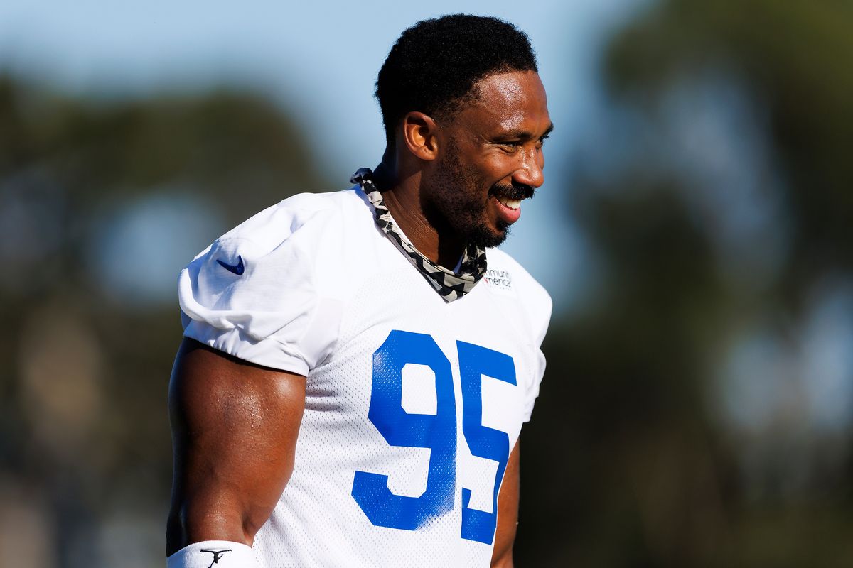 Myles Garrett #95 of the Los Angeles Rams smiles during training camp at Loyola Marymount University on July 26, 2026 in Los Angeles, California. 