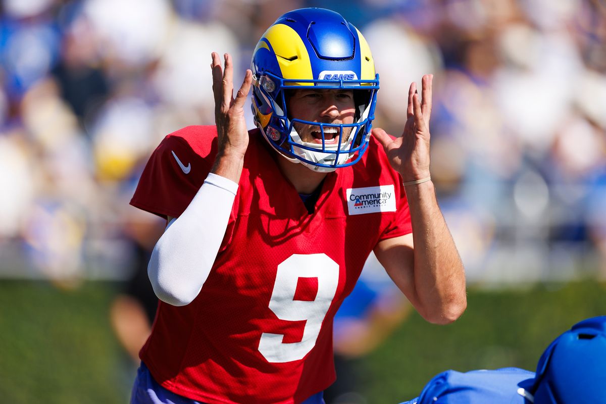 Matthew Stafford #9 of the Los Angeles Rams signals during training camp at Loyola Marymount University on August 1, 2026 in Los Angeles, California. Matthew Stafford #9 of the Los Angeles Rams signals during training camp at Loyola Marymount University on August 1, 2026 in Los Angeles, California.