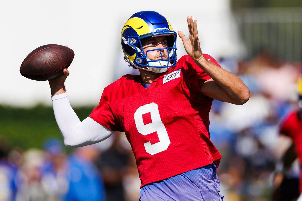 Matthew Stafford #9 of the Los Angeles Rams throws during training camp at Loyola Marymount University on August 1, 2026 in Los Angeles, California. Matthew Stafford #9 of the Los Angeles Rams throws during training camp at Loyola Marymount University on August 1, 2026 in Los Angeles, California.