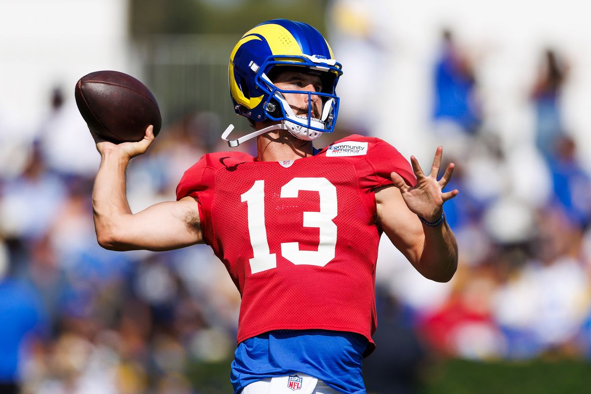 Stetson Bennett IV #13 of the Los Angeles Rams throws during training camp at Loyola Marymount University on August 1, 2026 in Los Angeles, California. Stetson Bennett IV #13 of the Los Angeles Rams throws during training camp at Loyola Marymount University on August 1, 2026 in Los Angeles, California.