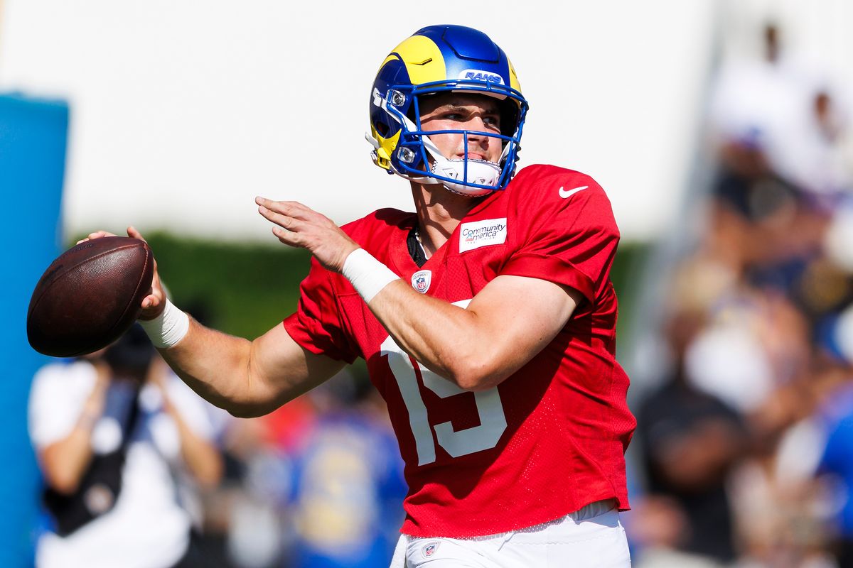 Ty Simpson #15 of the Los Angeles Rams throws during training camp at Loyola Marymount University on August 1, 2026 in Los Angeles, California. Ty Simpson #15 of the Los Angeles Rams throws during training camp at Loyola Marymount University on August 1, 2026 in Los Angeles, California.