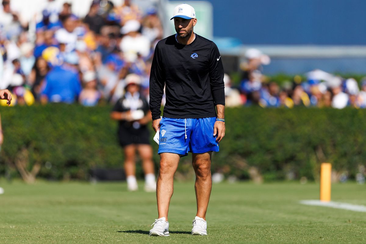 Dave Ragone of the Los Angeles Rams during training camp at Loyola Marymount University on August 1, 2026 in Los Angeles, California. Dave Ragone of the Los Angeles Rams during training camp at Loyola Marymount University on August 1, 2026 in Los Angeles, California.