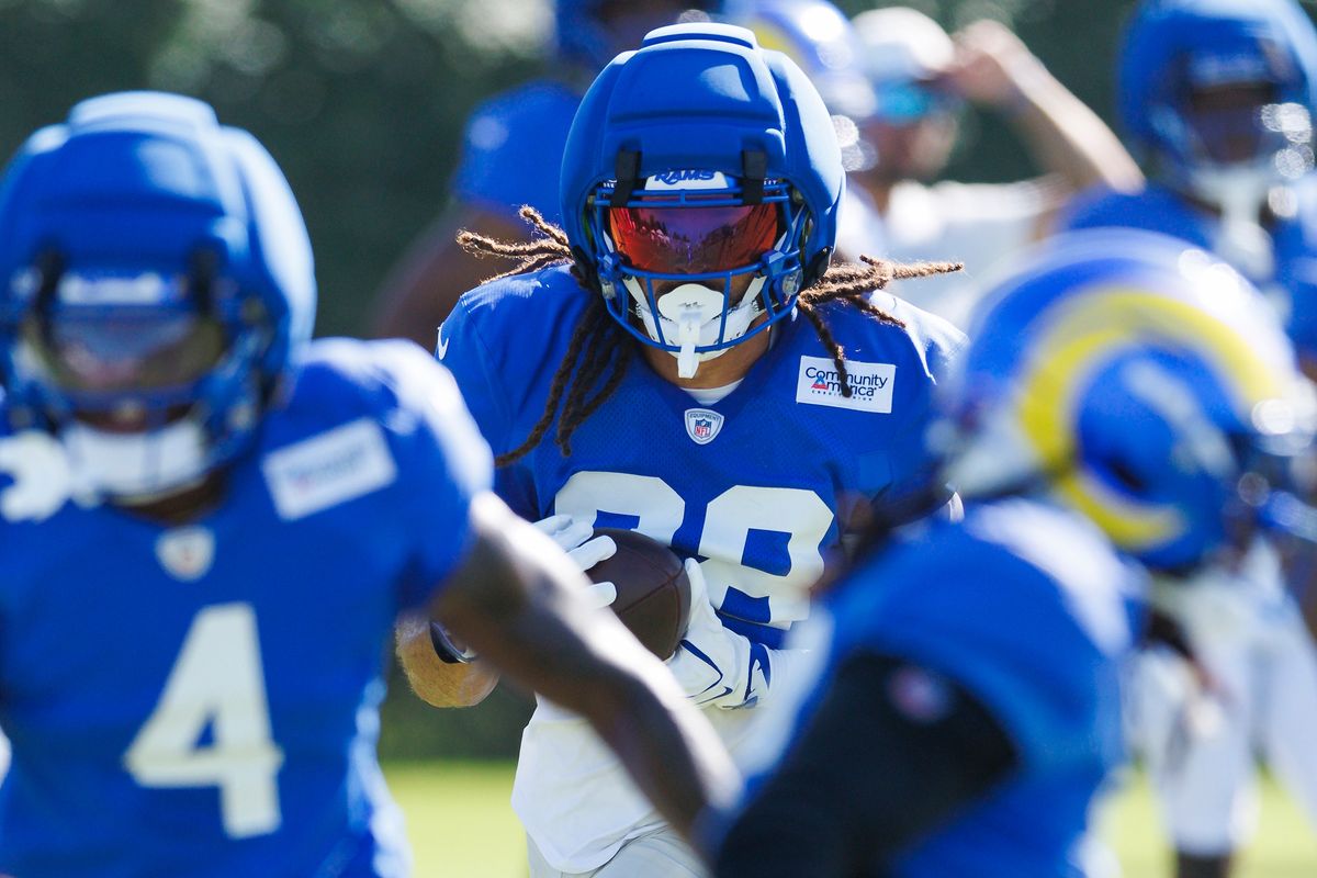 Jordan Whittington #88 of the Los Angeles Rams runs after the catch during training camp at Loyola Marymount University on August 1, 2026 in Los Angeles, California. Jordan Whittington #88 of the Los Angeles Rams runs after the catch during training camp at Loyola Marymount University on August 1, 2026 in Los Angeles, California.