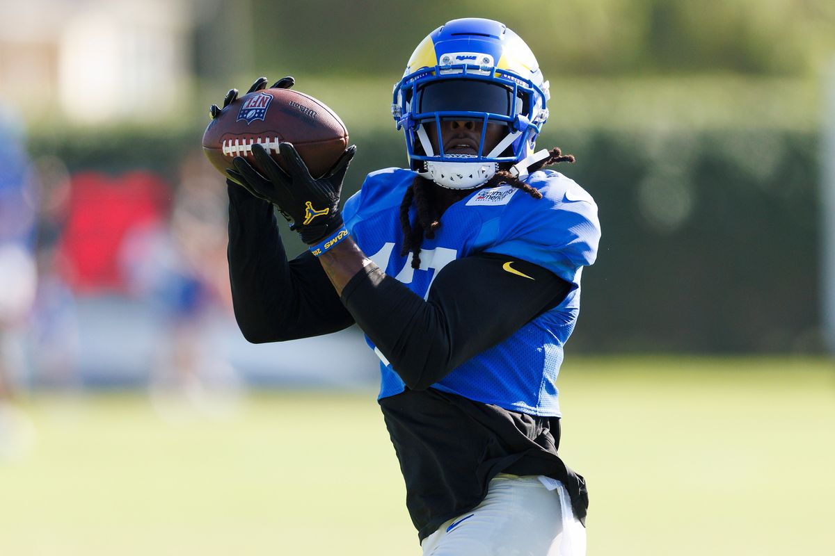 Davante Adams #17 of the Los Angeles Rams catches the ball during training camp at Loyola Marymount University on August 1, 2026 in Los Angeles, California. Davante Adams #17 of the Los Angeles Rams catches the ball during training camp at Loyola Marymount University on August 1, 2026 in Los Angeles, California.