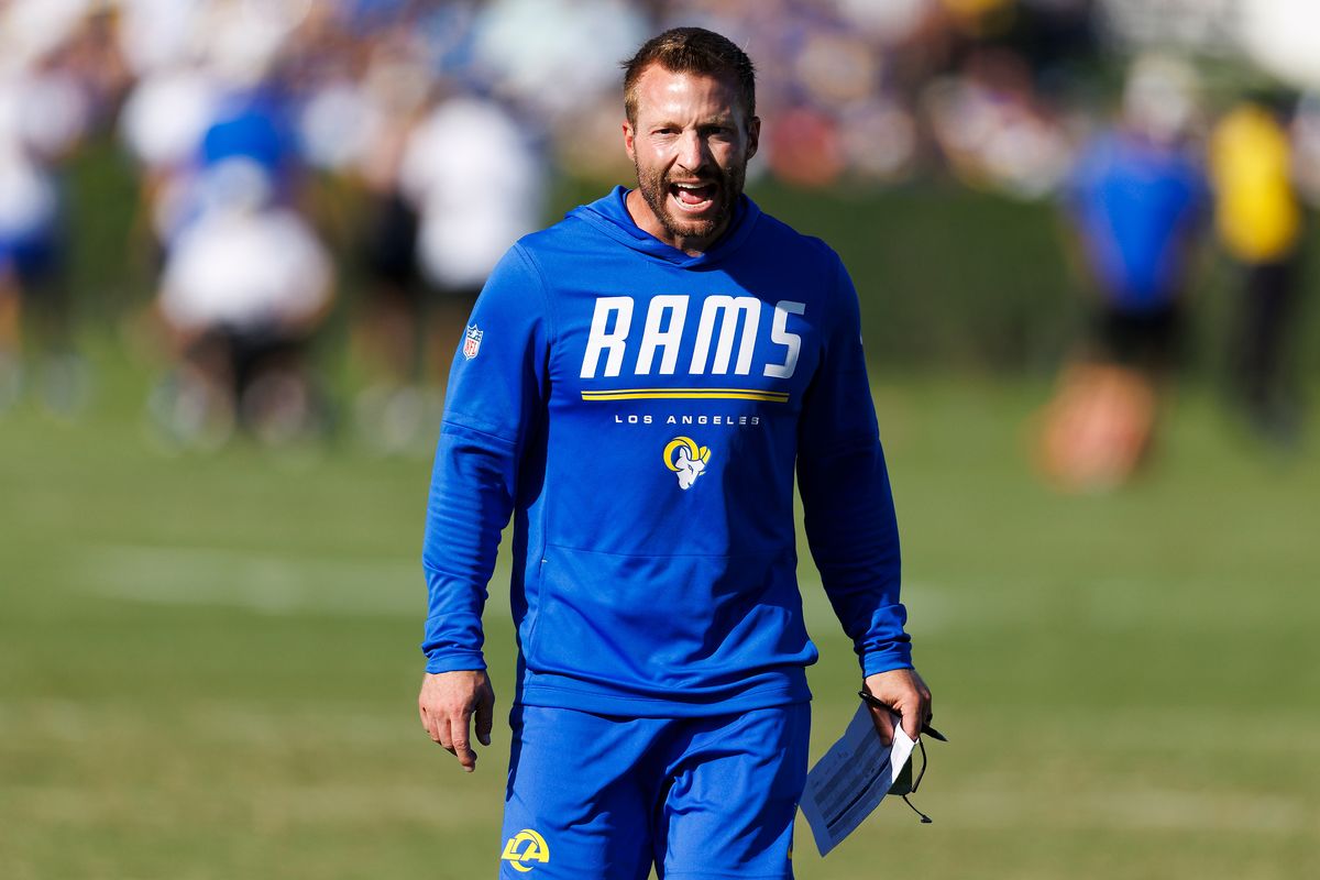 Sean McVay of the Los Angeles Rams yells during training camp at Loyola Marymount University on August 1, 2026 in Los Angeles, California. Sean McVay of the Los Angeles Rams yells during training camp at Loyola Marymount University on August 1, 2026 in Los Angeles, California.