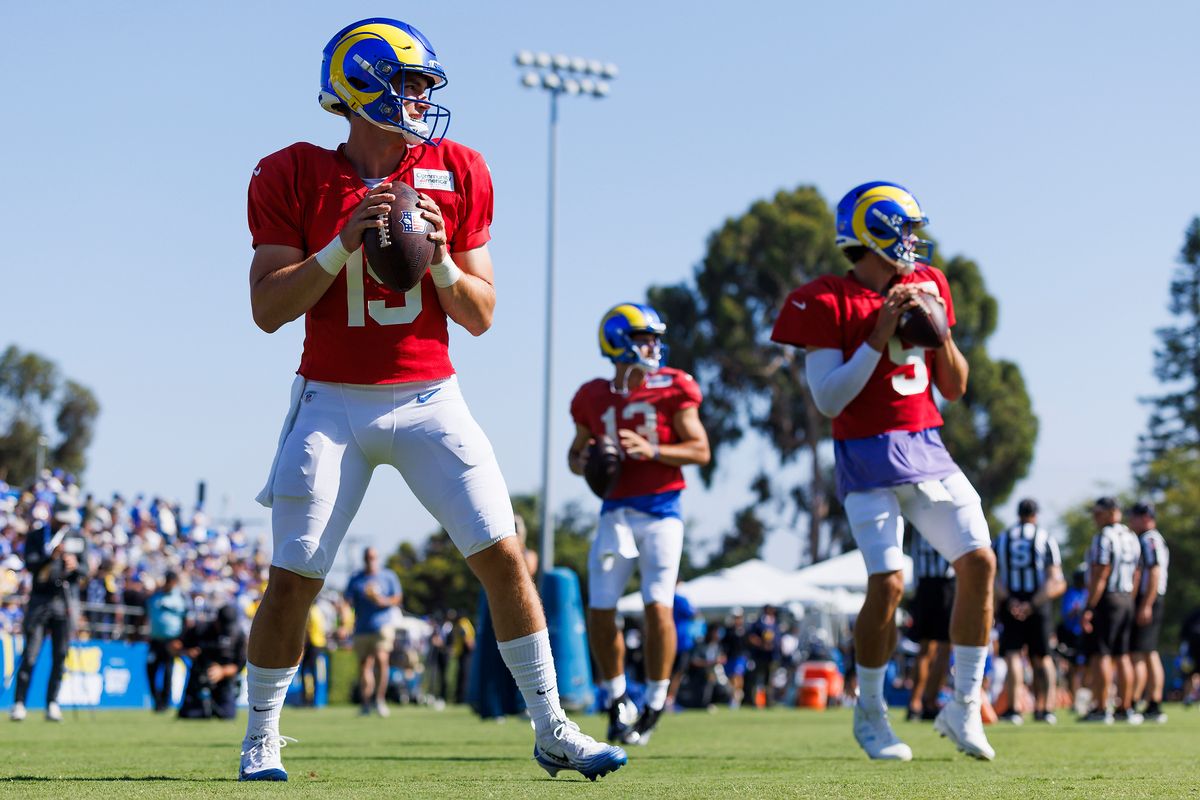 Ty Simpson #15 of the Los Angeles Rams drops back to pass during training camp at Loyola Marymount University on August 1, 2026 in Los Angeles, California. Ty Simpson #15 of the Los Angeles Rams drops back to pass during training camp at Loyola Marymount University on August 1, 2026 in Los Angeles, California.