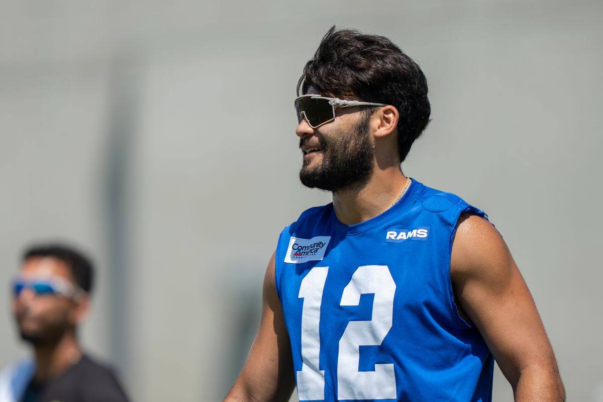 Puka Nacua #12 of the Los Angeles Rams during Rams training camp at Loyola Marymount University on Sunday, August 2nd in Westchester, CA.