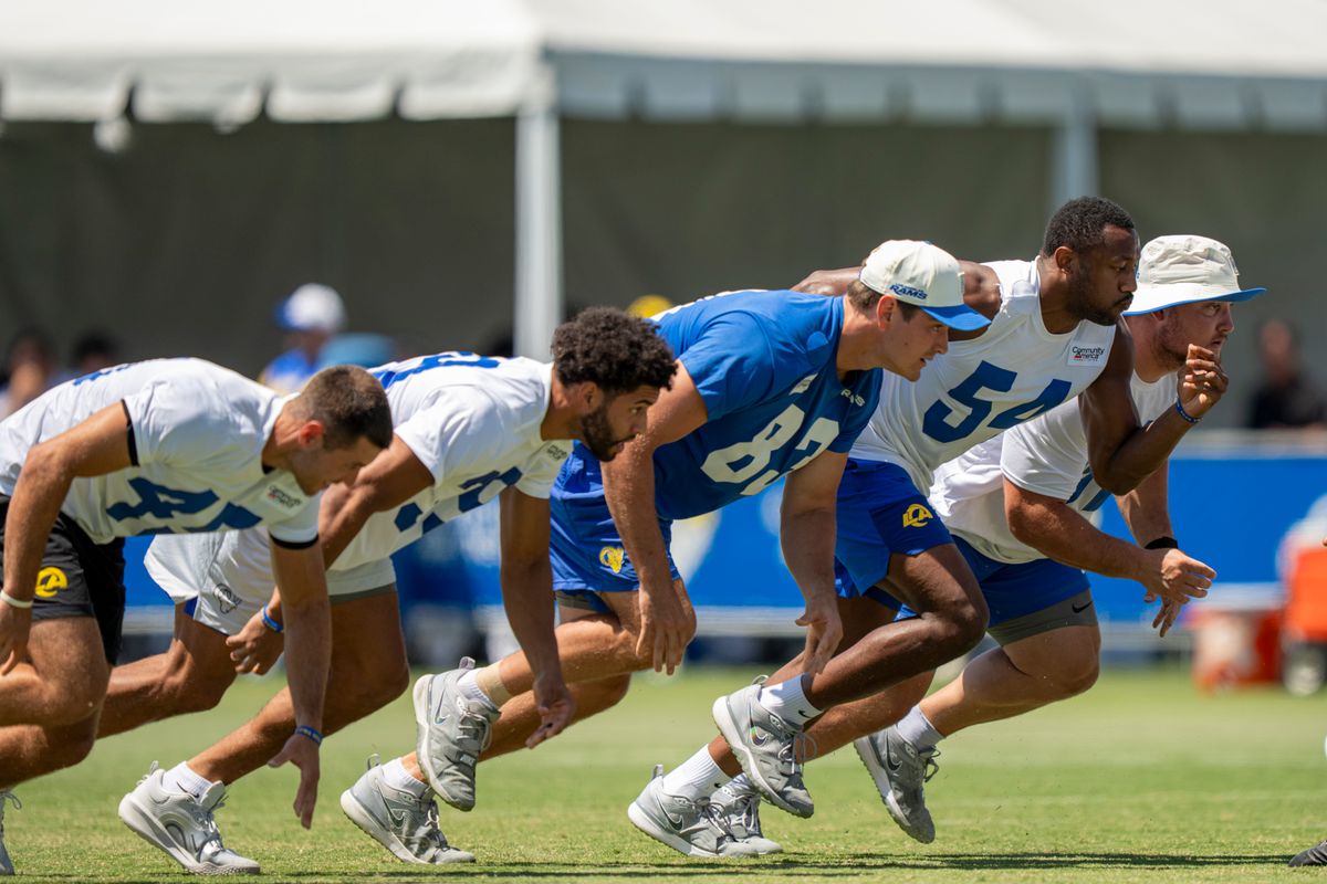 Players of the Los Angeles Rams during Rams training camp at Loyola Marymount University on Sunday, August 2nd in Westchester, CA.