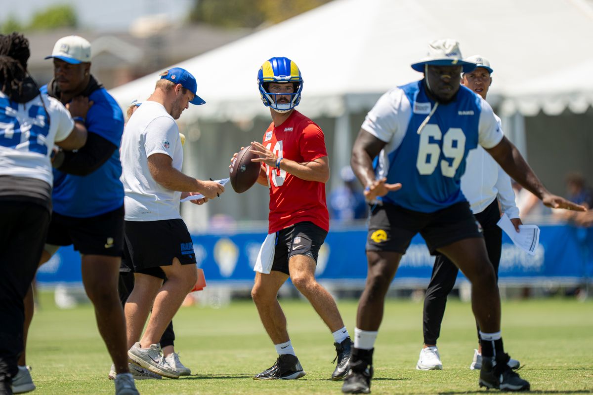 Stetson Bennet #13 of the Los Angeles Rams during Rams training camp at Loyola Marymount University on Sunday, August 2nd in Westchester, CA.