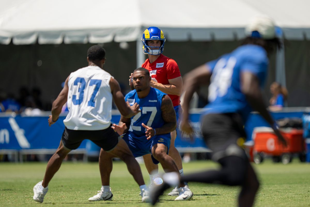 Ty Simpson #15 of the Los Angeles Rams during Rams training camp at Loyola Marymount University on Sunday, August 2nd in Westchester, CA.