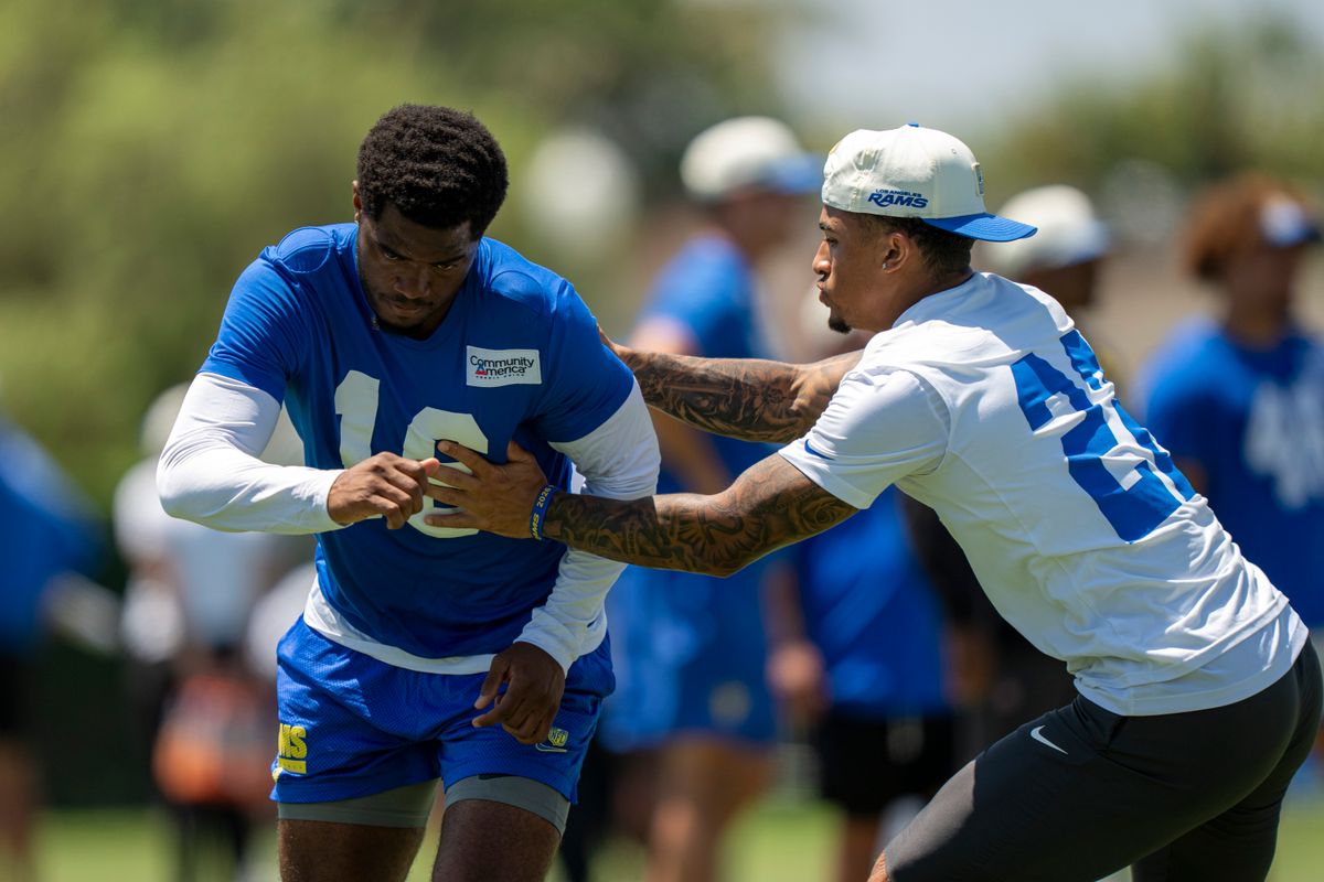 Tru Edwards #16 running routes against Trent Mcduffie #22 of the Los Angeles Rams during Rams training camp at Loyola Marymount University on Sunday, August 2nd in Westchester, CA.