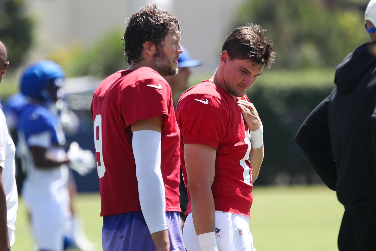 Matthew Stafford #9 and Ty Simpson #15 of the Los Angeles Rams during Rams training camp at Loyola Marymount University on Mondday, August 3, 2026 in Westchester, CA. Matthew Stafford #9 and Ty Simpson #15 of the Los Angeles Rams during Rams training camp at Loyola Marymount University on Mondday, August 3, 2026 in Westchester, CA.