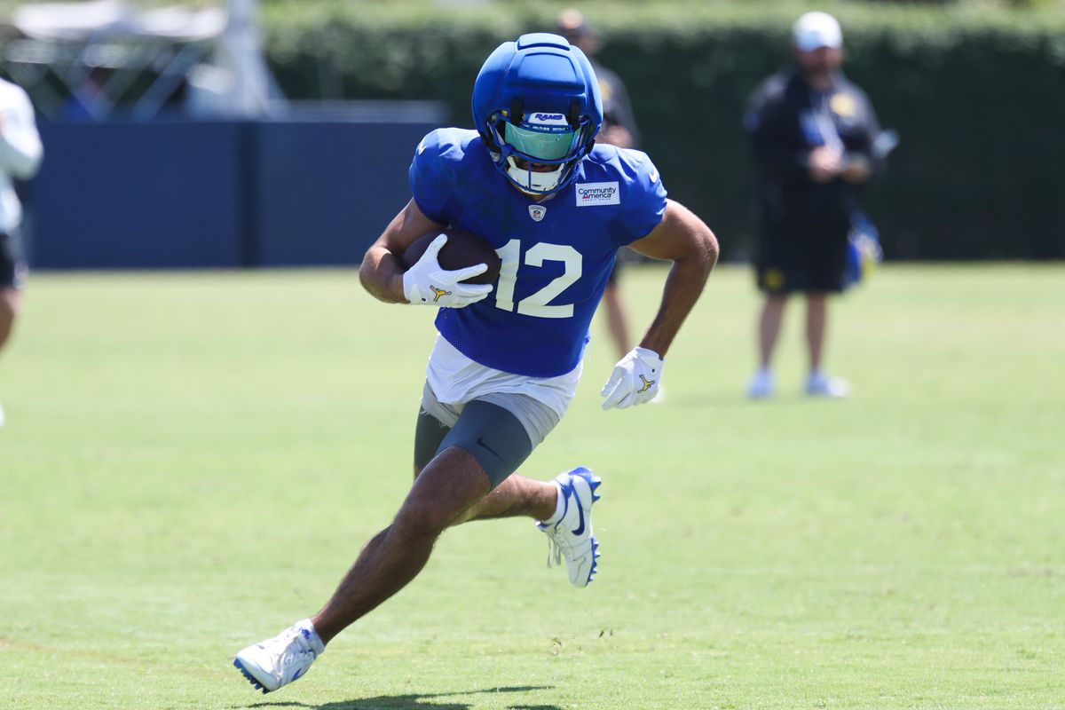 Puka Nacua #12 of the Los Angeles Rams runs with the football during Rams training camp at Loyola Marymount University on Mondday, August 3, 2026 in Westchester, CA. Puka Nacua #12 of the Los Angeles Rams runs with the football during Rams training camp at Loyola Marymount University on Mondday, August 3, 2026 in Westchester, CA.